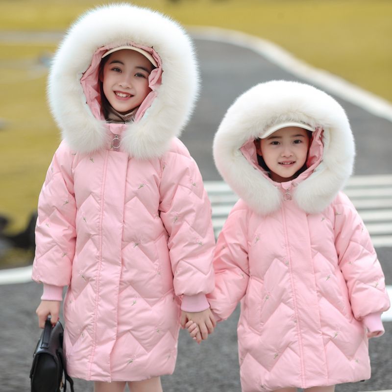 Girls' Down Jacket  New Children's Mid-Length Winter Girl Baby Thickened White Duck Down Jacket