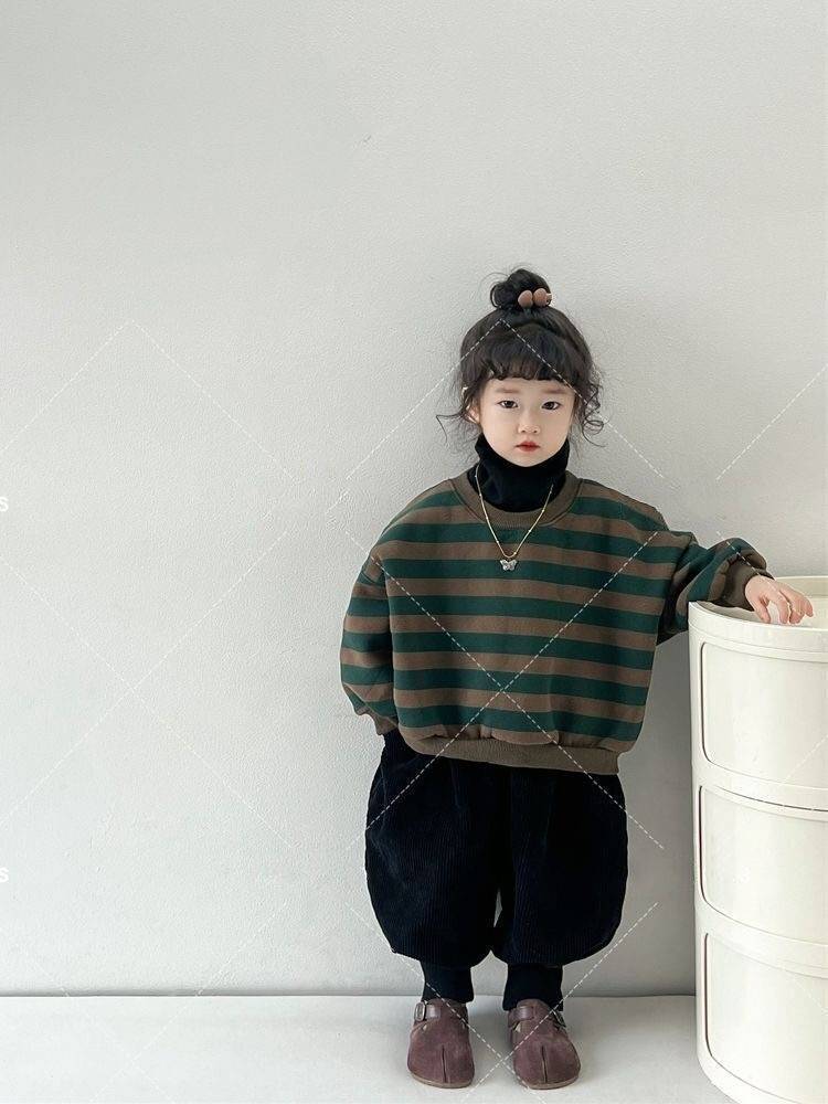 韩版儿童复古森系条纹圆领长袖加绒卫衣男女童加厚束脚裤两件套装