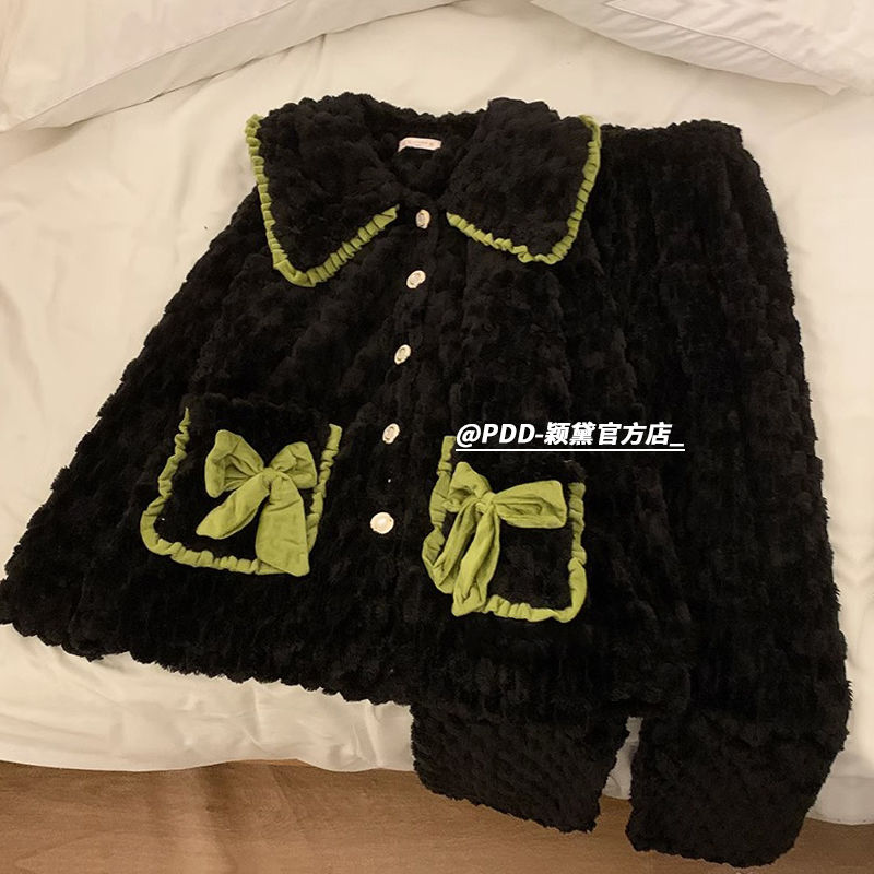 ins風珊瑚絨睡衣女秋冬季加絨加厚韓版高級感甜美少女家居服套裝