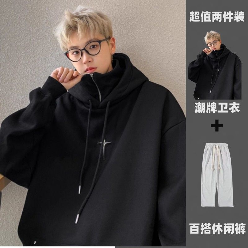 兩件裝】假兩件連帽高領衛衣男秋季美式復古潮牌痞帥重磅拉鏈上衣