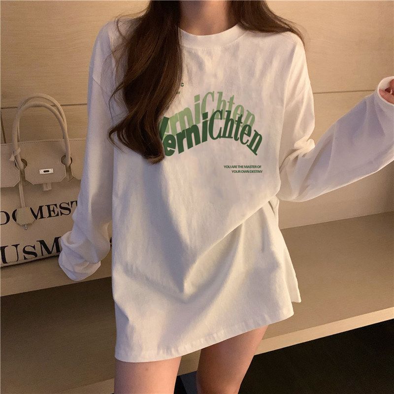 長袖上衣女t恤外穿新秋款純棉圓領印花閨蜜款寬鬆百搭韓版打底衫