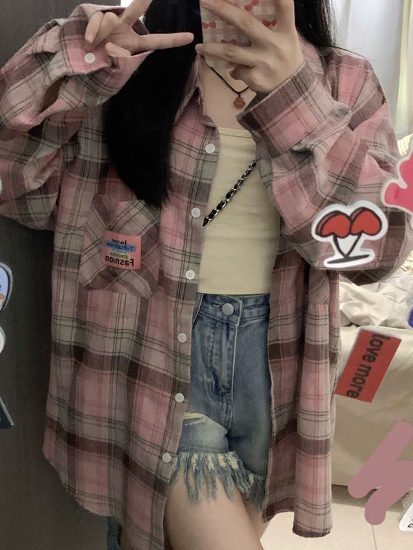 粉色時尚格子長袖襯衫女ins百搭顯瘦潮流甜美風紐扣秋款襯衣上衣