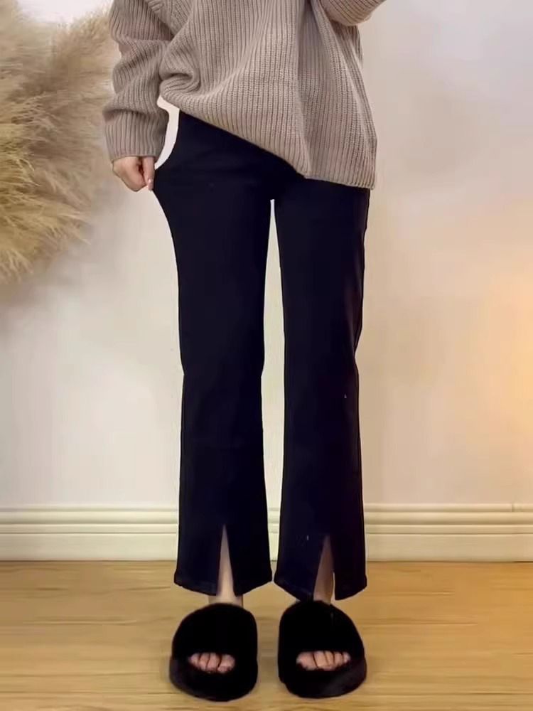 黑色開叉九分直筒牛仔褲女秋季新款高腰修身彈力顯瘦百搭煙管褲子