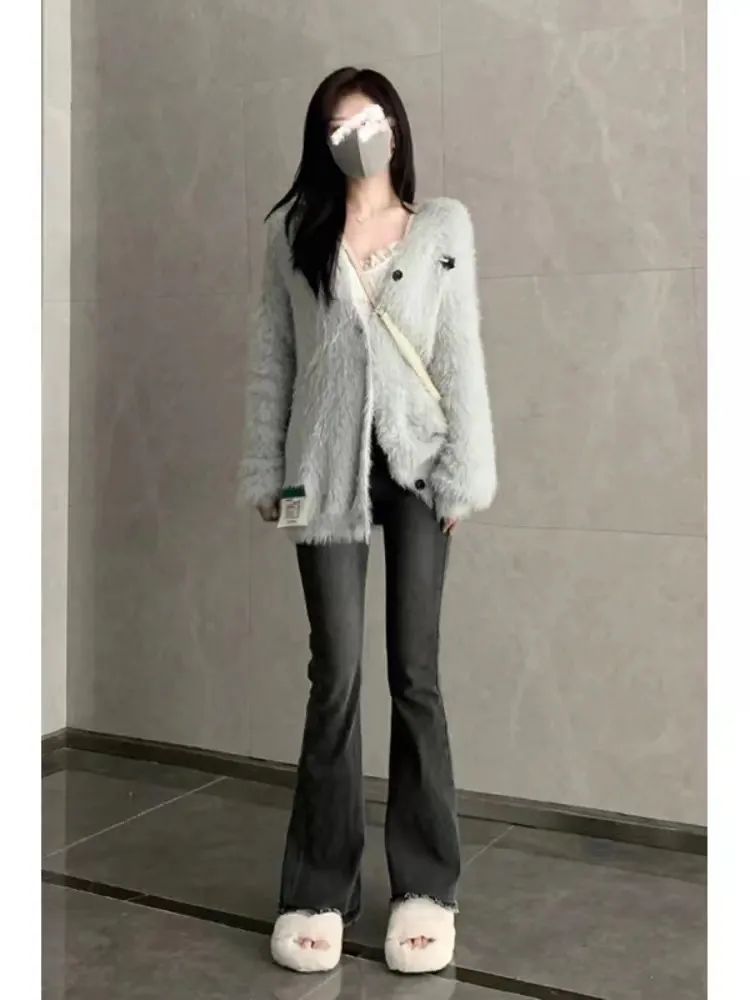 灰色微喇牛仔褲女2023秋季高腰顯瘦馬蹄褲高個子彈力毛邊喇叭褲子