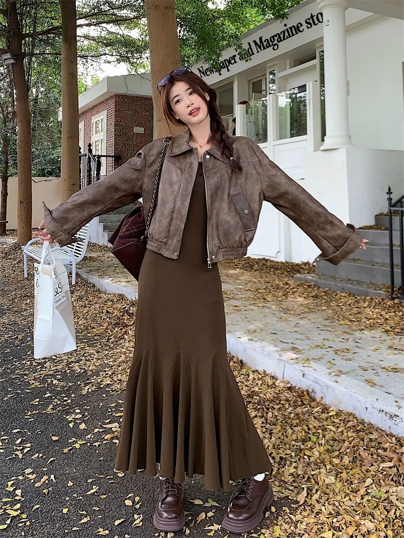 大碼美拉德穿搭套裝復古夾克皮衣外套女秋冬魚尾裙長裙氣質兩件套