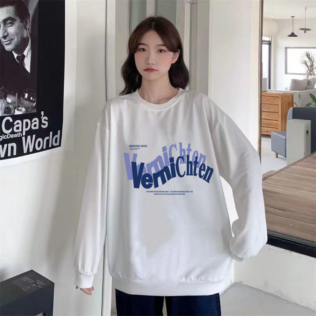 加絨秋冬季新款韓版寬鬆百搭上衣圓領字母印花長袖套頭衛衣女ins