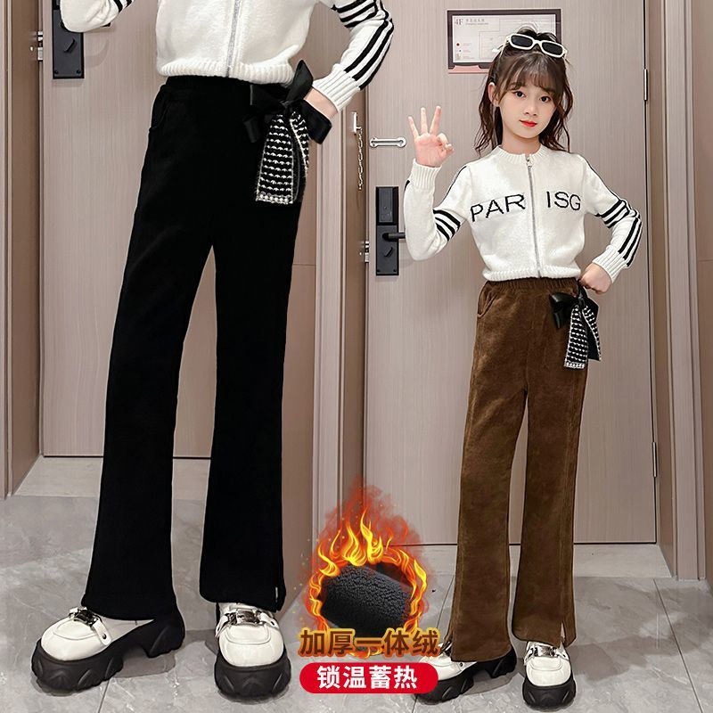 女童喇叭褲秋冬裝2023新款外穿中大童一體絨加厚冬季兒童加絨褲子