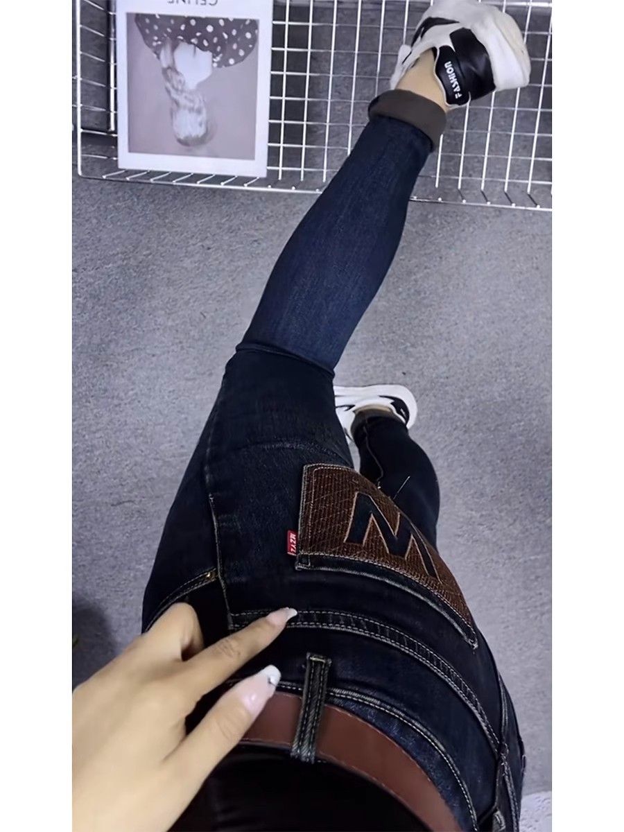 深藍色小腳牛仔褲子女秋季2023年新款胖mm大碼顯瘦彈力九分鉛筆褲