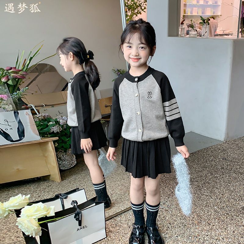 韩版女童学院风中小童新款秋冬甜美洋气儿童宝宝针织开衫拼色上衣