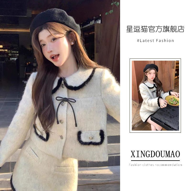 套裝女2023秋冬款都靈繆斯輕奢拼皮蝴蝶結羊毛呢短裙貂毛撞色外套