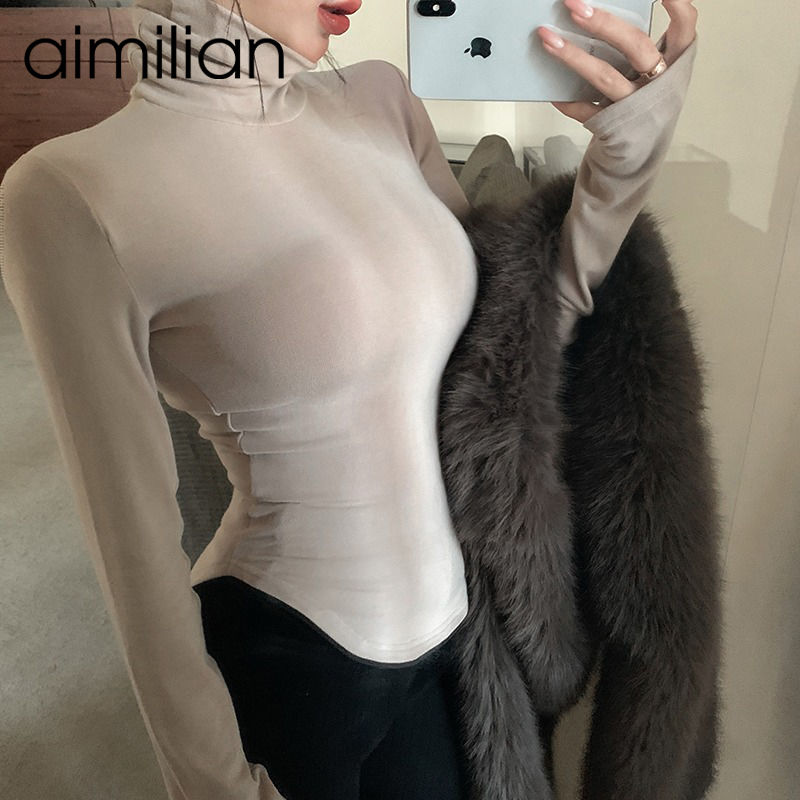 aimilian德絨高領打底衫女春秋冬內搭設計感修身長袖t恤短款上衣