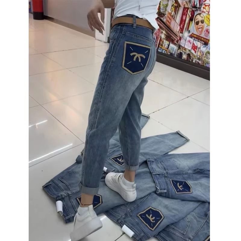 撞色口袋哈倫牛仔褲女2023年秋季新款大碼胖mm高腰顯瘦九分老爹褲
