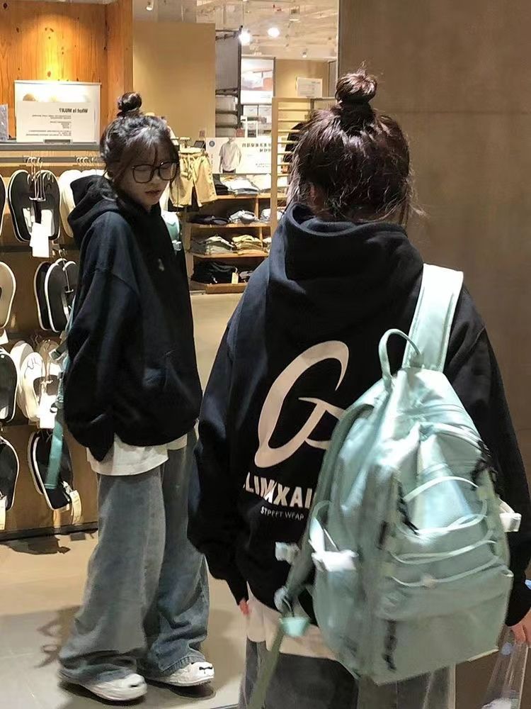 慵懶風飛盤印花連帽衛衣女秋冬款寬鬆美式高街情侶ins潮牌帽衫