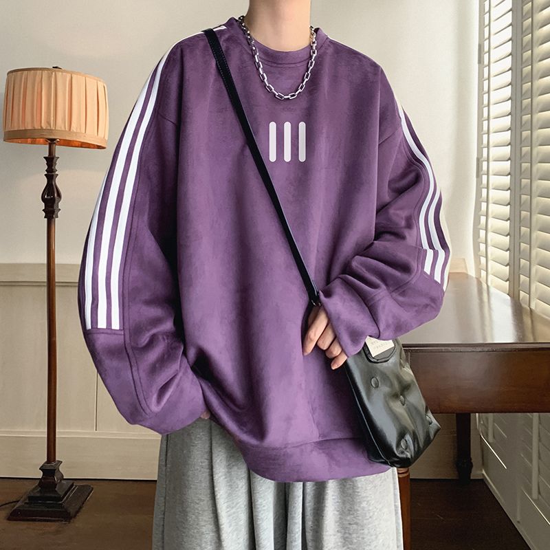 烏梅紫色麂皮絨衛衣男士春秋季新款潮牌衣服美式復古重磅圓領外套