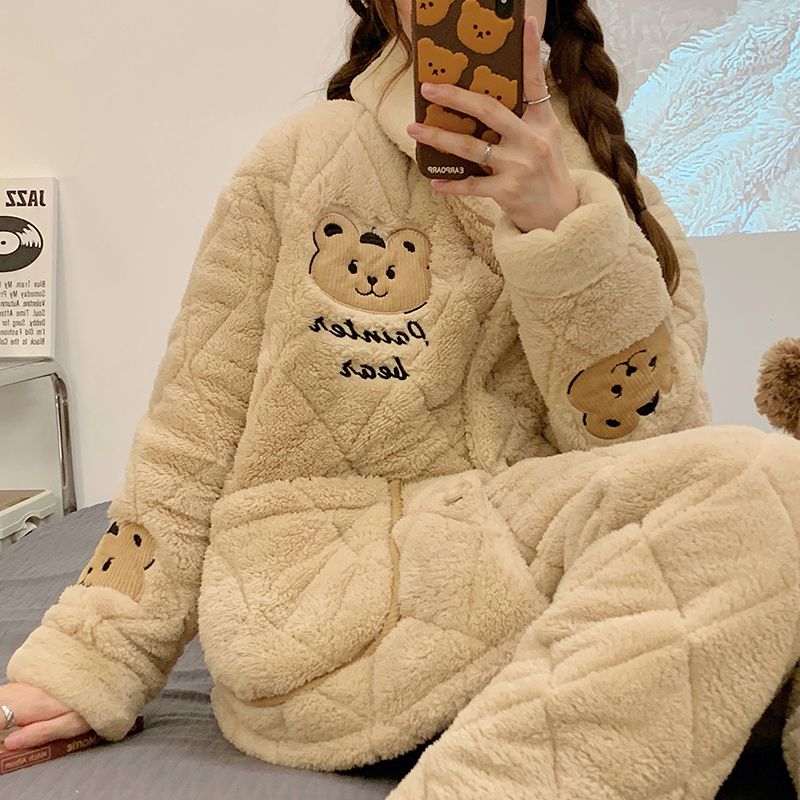 珊瑚絨加厚睡衣女款冬季長袖保暖三層夾棉襖新款可愛家居服兩件套