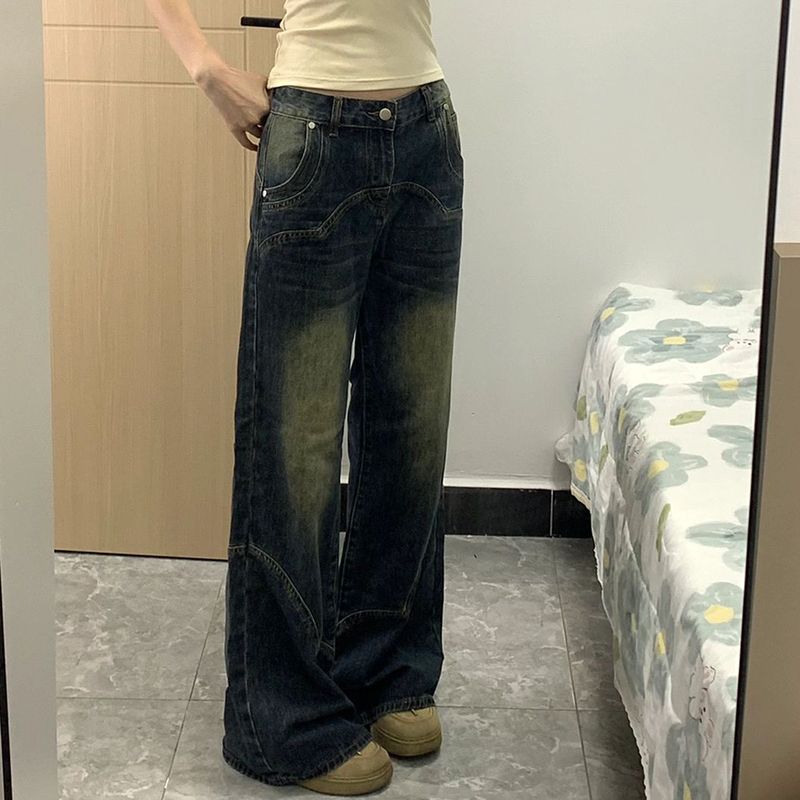 復古水洗闊腿牛仔褲女秋季小個子高腰顯瘦寬鬆直筒拖地褲子長褲潮