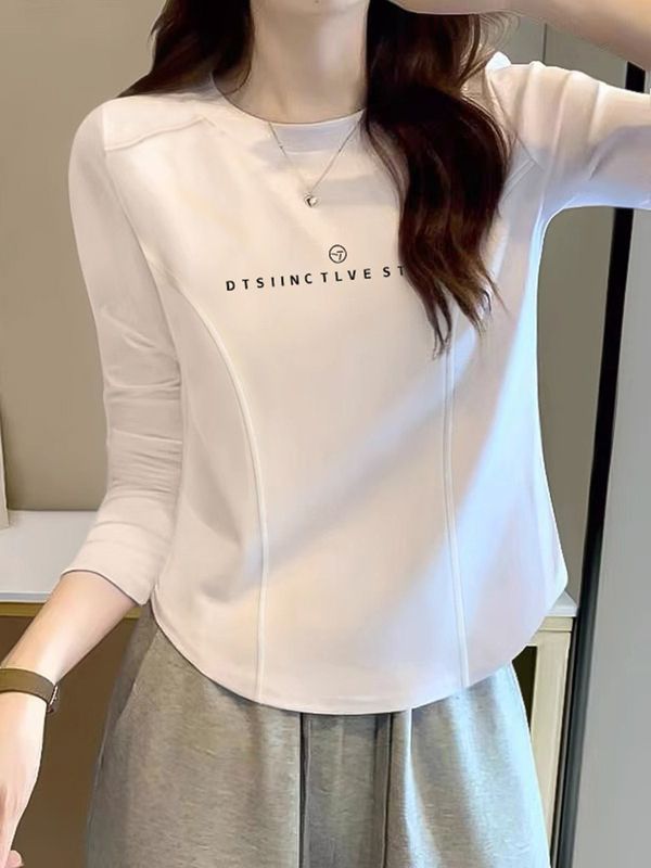 正肩純棉長袖t恤女秋季修身打底衫不規則小個子短款內搭魚骨上衣