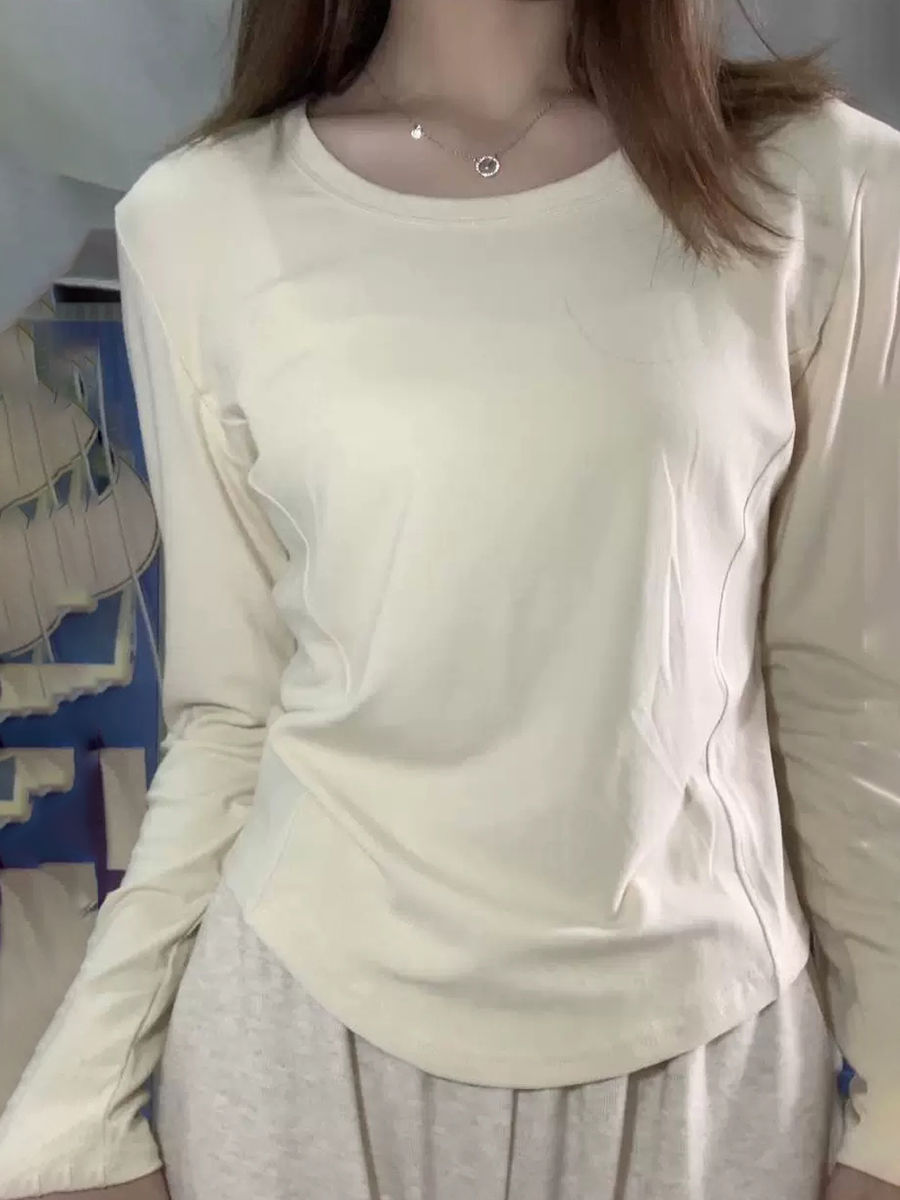 秋冬季U領魚骨長袖T恤女新款修身顯瘦打底衫氣質上衣洋氣外穿女