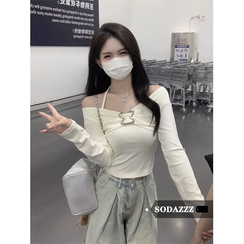 SODAZZZ純欲風長袖T恤女秋季新款露肩掛脖設計感修身顯瘦打底衫