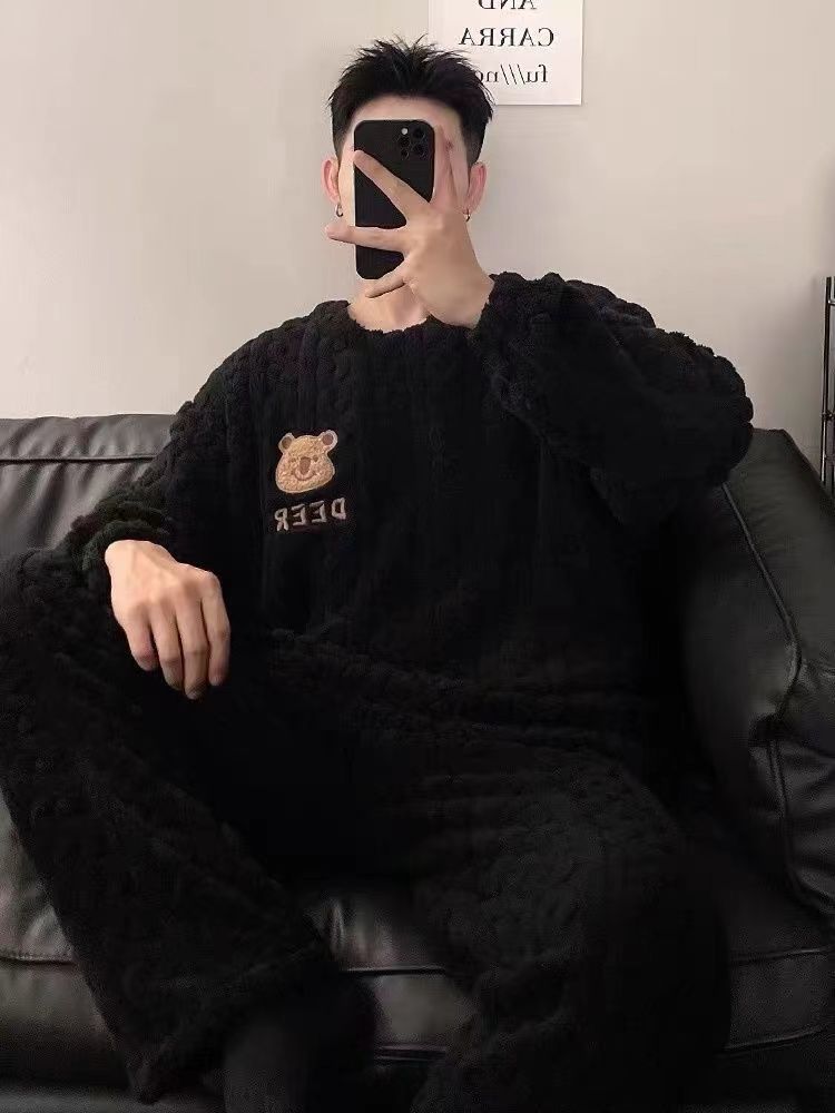 珊瑚絨睡衣男士秋冬款加絨加厚韓版小熊卡通保暖法蘭絨家居服套裝
