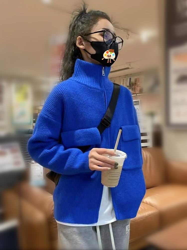 慵懶風網紅高領拉鏈針織開衫秋冬韓版寬鬆百搭克萊因藍色毛衣外套