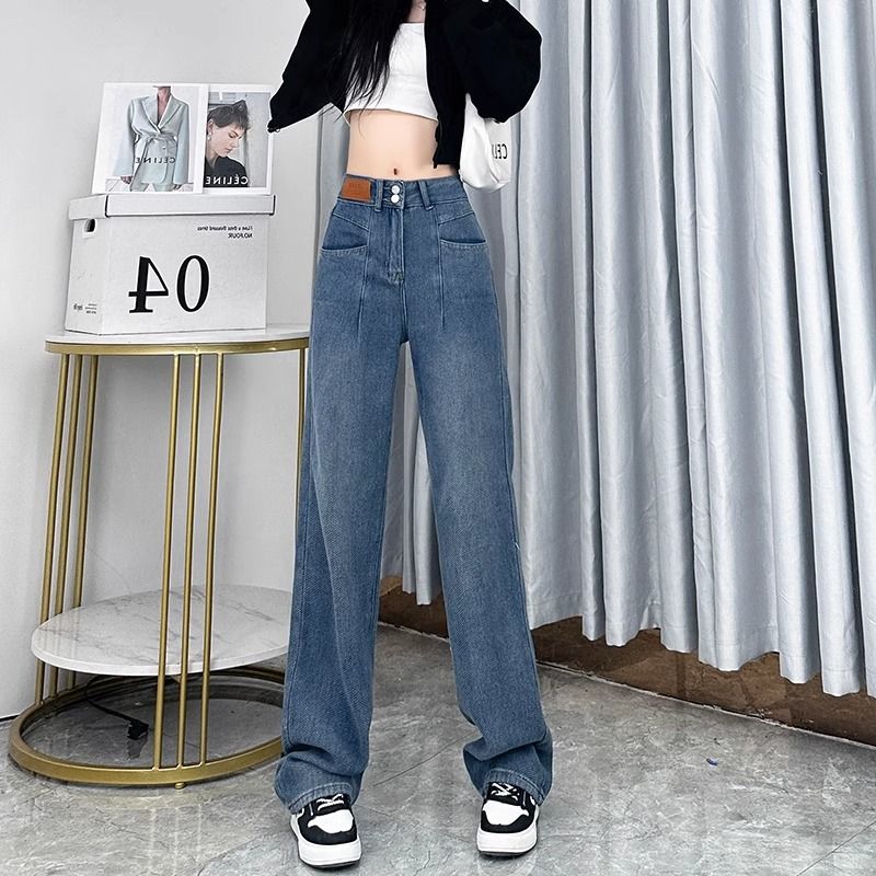 復古雙扣闊腿牛仔褲女2023年秋冬新款高腰寬鬆顯瘦直筒拖地長褲潮