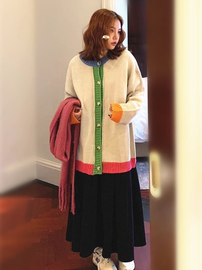甜美小眾拼色毛衣女秋冬季2023新款圓領開衫外套針織衫寬鬆慵懶風