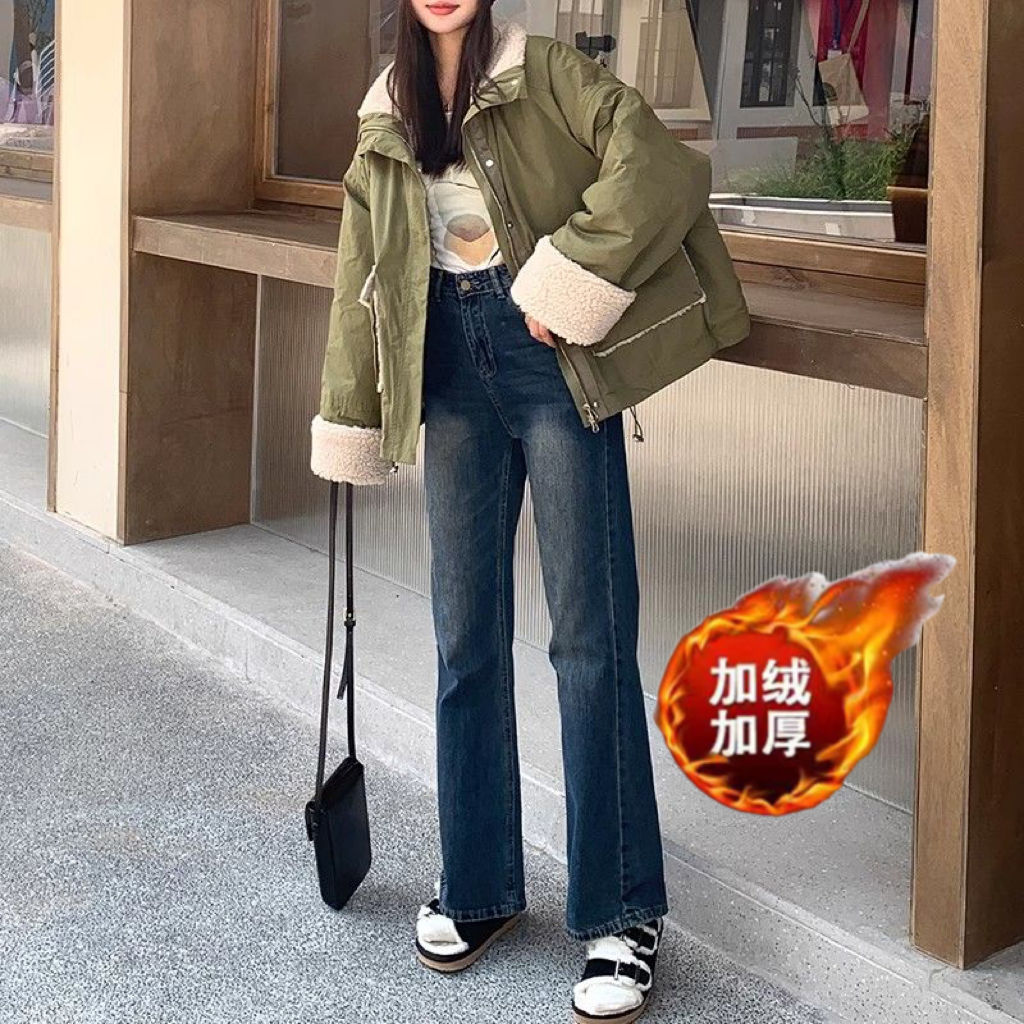 高腰微喇叭牛仔褲女大碼加絨加厚2023年新款秋冬季顯瘦馬蹄拖地褲