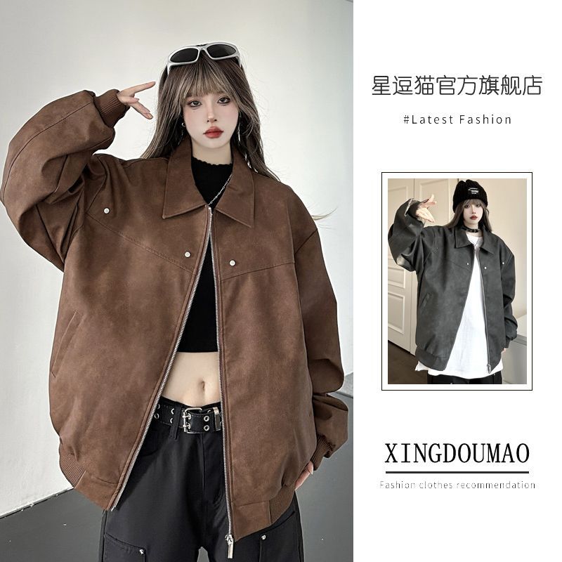 Leather jacket women's 2023 autumn and winter new style Maillard wear American retro distressed brown washed loose jacket