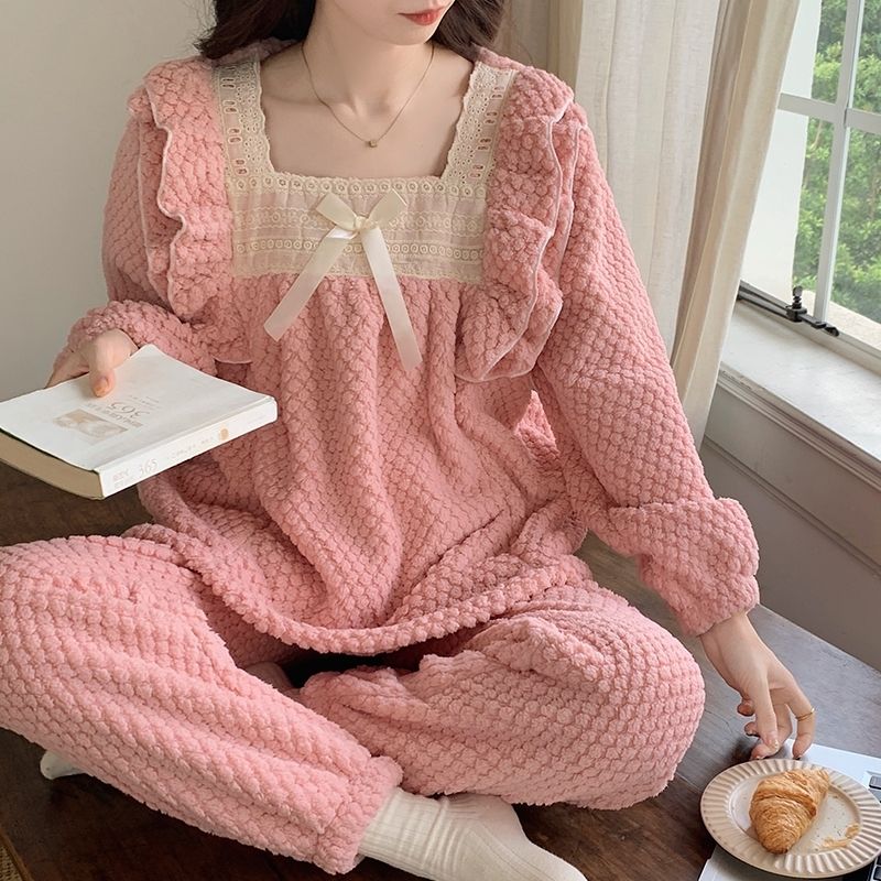 長袖珊瑚絨睡衣女秋冬季甜美公主風加厚女士法蘭絨睡衣清新家居服