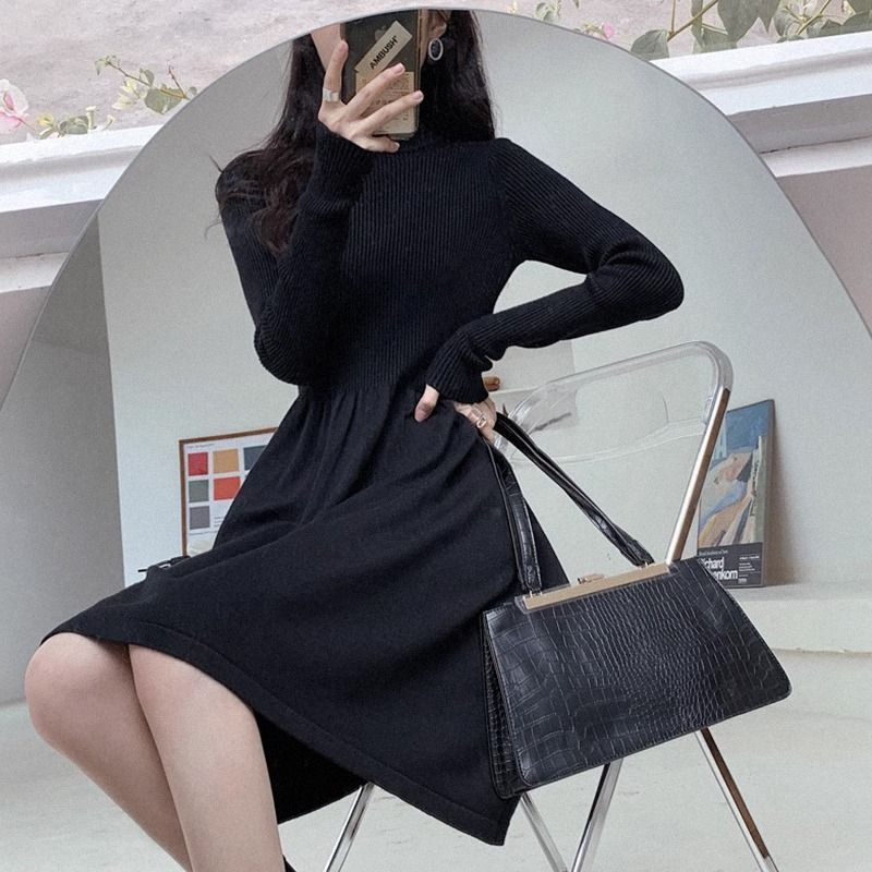 Autumn and winter new style Hepburn style French knitted dress women's half-high collar skirt black long-sleeved long skirt bottoming skirt