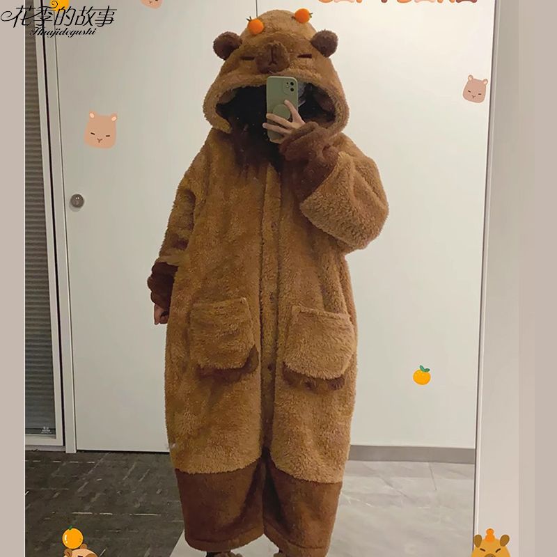 花季的故事冬季睡衣女珊瑚絨加厚可愛卡皮巴拉睡袍網紅保暖家居服