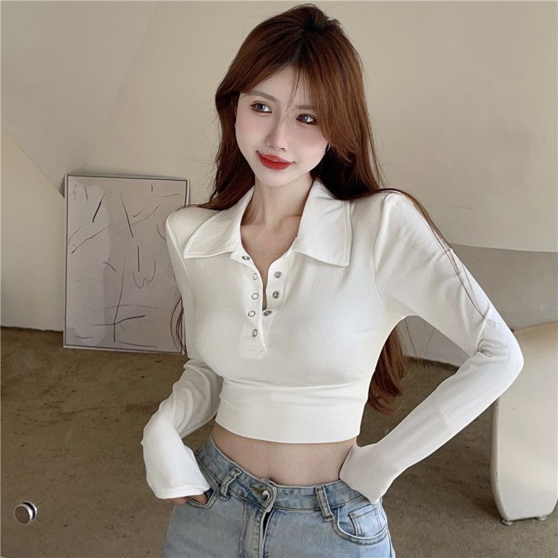 秋季純欲風長袖T恤女設計感小眾氣質甜辣polo領收腰露臍短款上衣