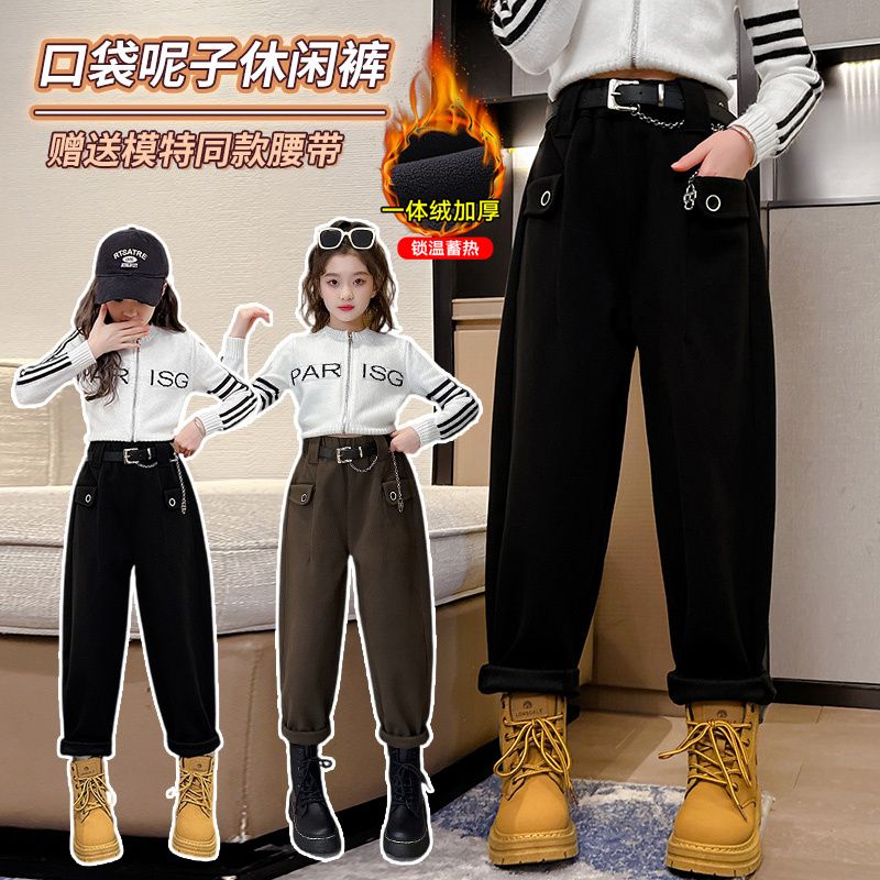 女童褲子妮子哈倫褲加絨加厚冬款2023新款中大童裝時尚顯瘦休閒褲