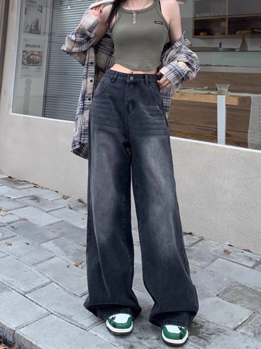辣妹ins復古闊腿牛仔褲女今年流行穿搭高腰寬鬆顯瘦垂感拖地褲子
