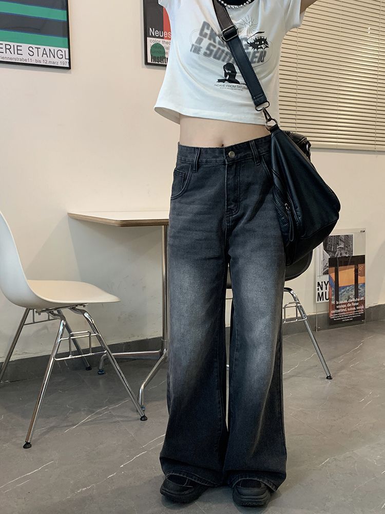 美式復古黑灰色做舊洗水闊腿褲潮做舊直筒牛仔褲顯瘦高腰拖地褲女