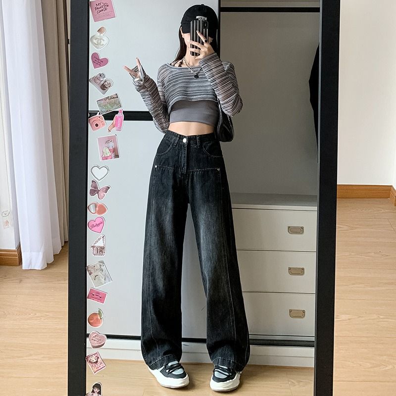 牛仔褲女2023秋款時尚新款高腰寬鬆直筒闊腿褲子顯瘦顯高百搭柔軟