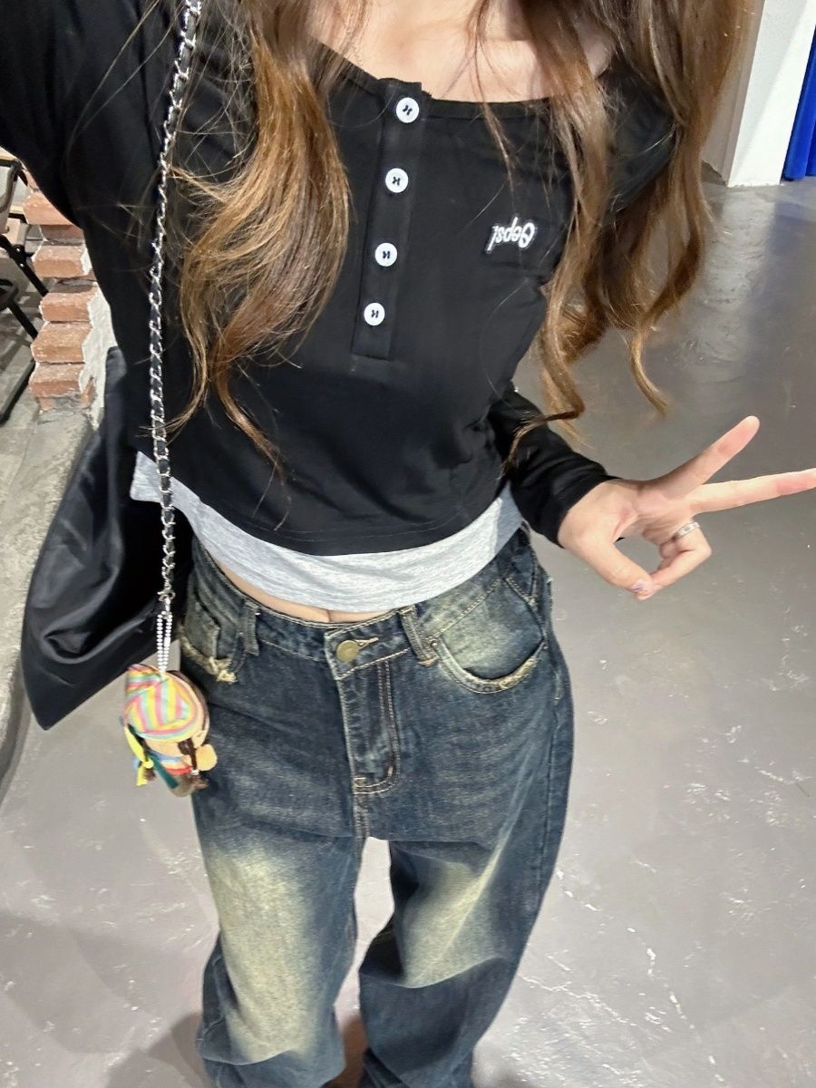 微胖MM黑色假兩件長袖t恤女秋季內搭打底衫修身顯瘦辣妹短款上衣