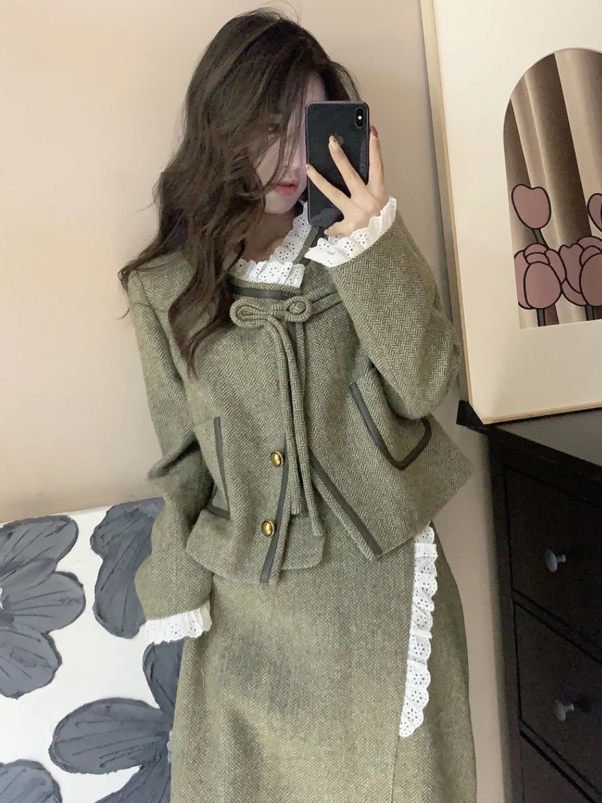 Autunno Inverno 2023 Nuovo Elegante Top Coat Patchwork in Pizzo + Gonna Set con Bottoni Stile Piccolo_voghion.com