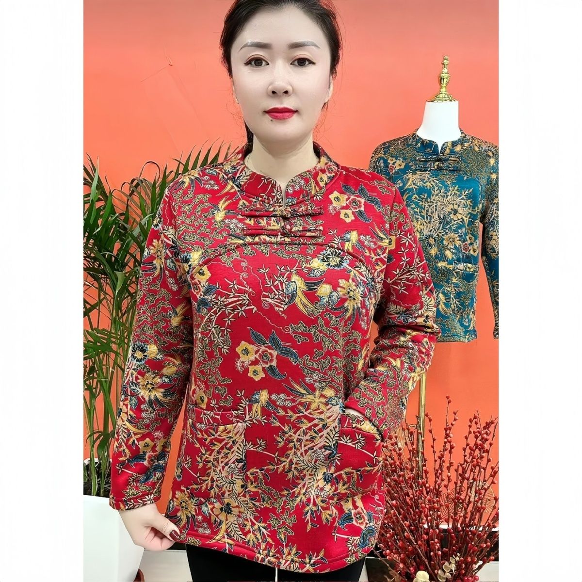 加絨加厚打底衫女2023秋冬民族風時尚小衫盤扣花色中老年媽媽衣服