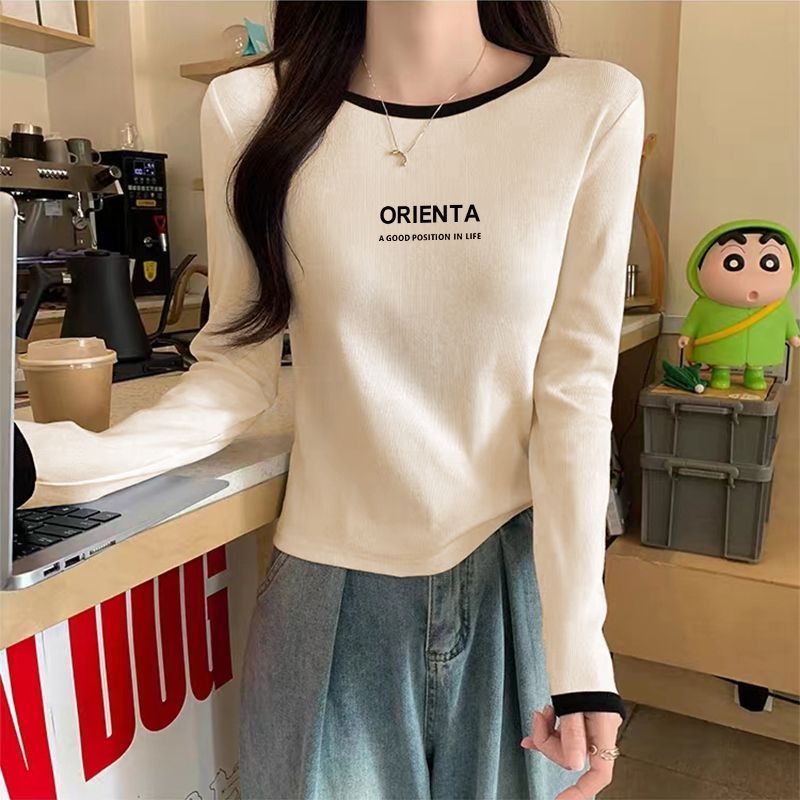 圓領撞色長袖t恤女修身洋氣內搭打底衫2023新款純棉正肩上衣秋冬