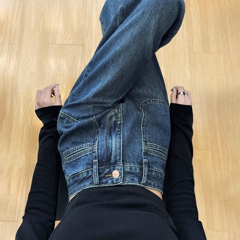窄版闊腿牛仔褲女秋季直筒寬鬆高腰顯瘦垂感拖地褲子2023春秋新款