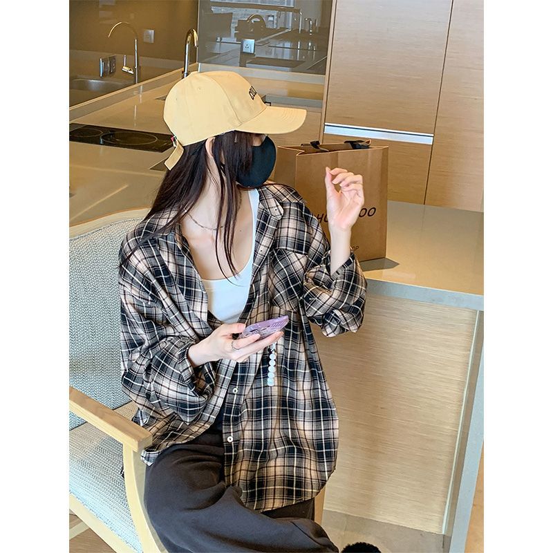 慵懶長袖設計感格子襯衫寬鬆百搭春秋復古上衣休閒開衫襯衣外套女