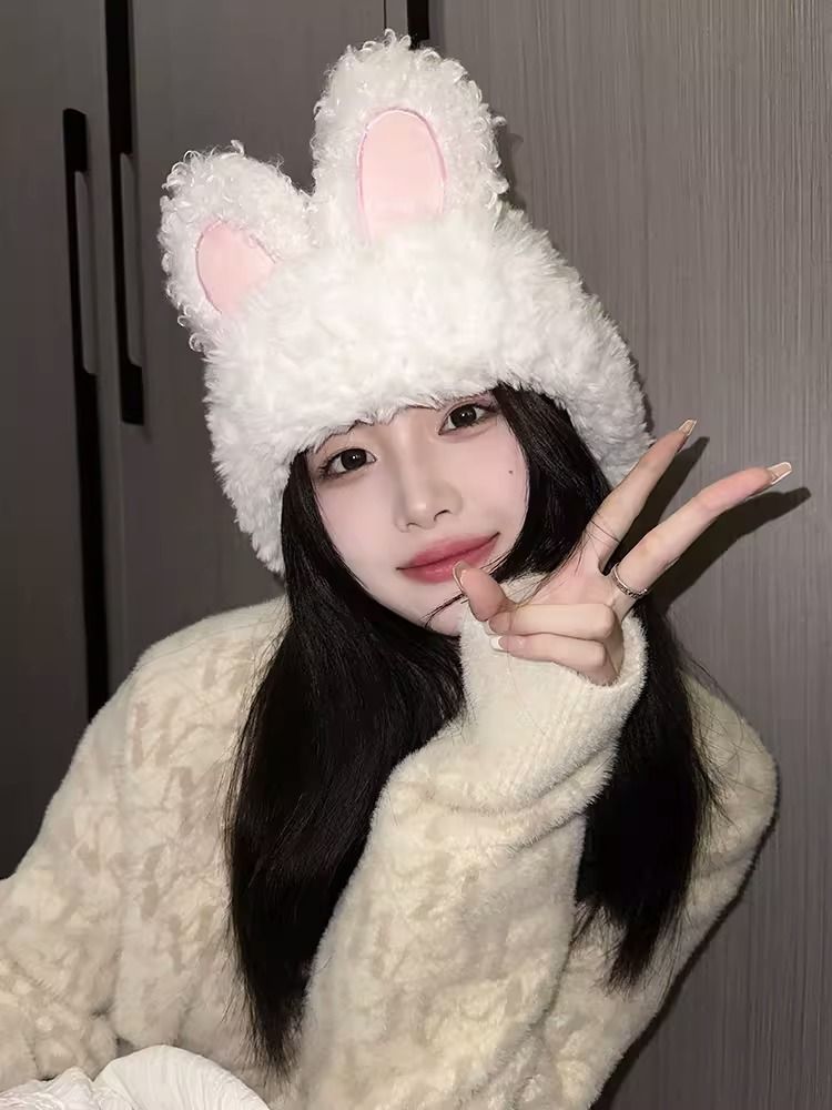 Korean cute plush bunny ears hat for women autumn and winter warm knitted hat ear protection face small cold hat baotou hat trendy
