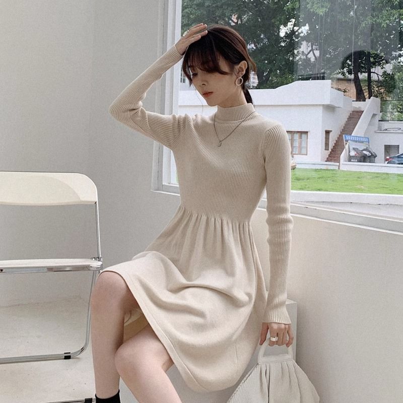 Autumn and winter new style Hepburn style French knitted dress women's half-high collar skirt black long-sleeved long skirt bottoming skirt