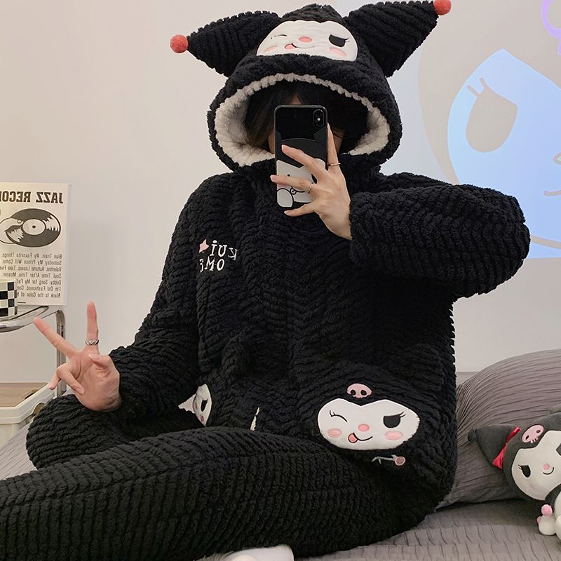 拉鏈連帽睡衣女冬季卡通加厚珊瑚絨夾棉加絨棉襖保暖秋冬天家居服