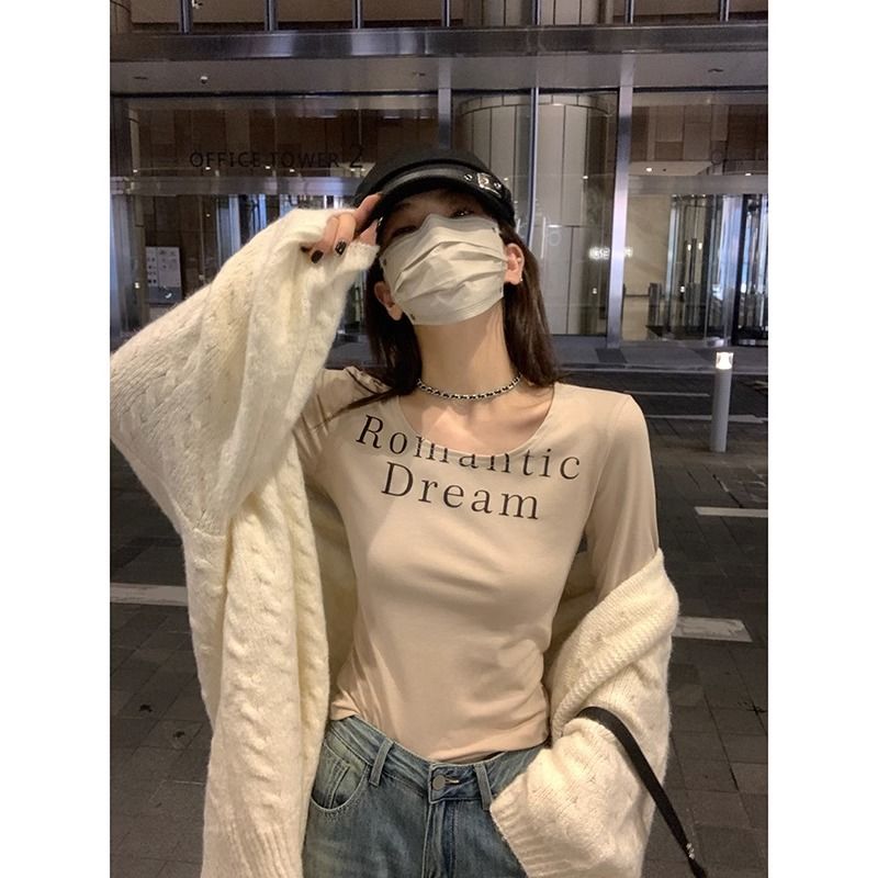 美式復古辣妹純欲U領長袖T恤女秋季百搭修身顯瘦內搭打底衫上衣