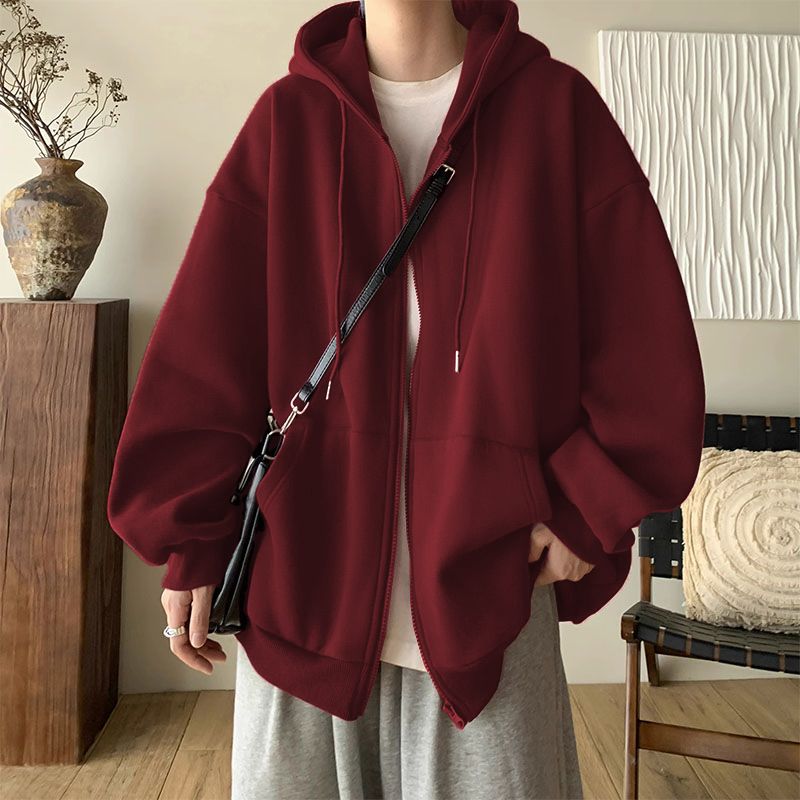 重磅純棉拉鏈開衫衛衣男秋冬潮寬鬆休閒美式復古慵懶百搭連帽外套