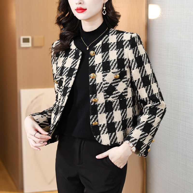 春秋款氣質小香風外套2023新款名媛高檔時尚洋氣格紋小個子短外套