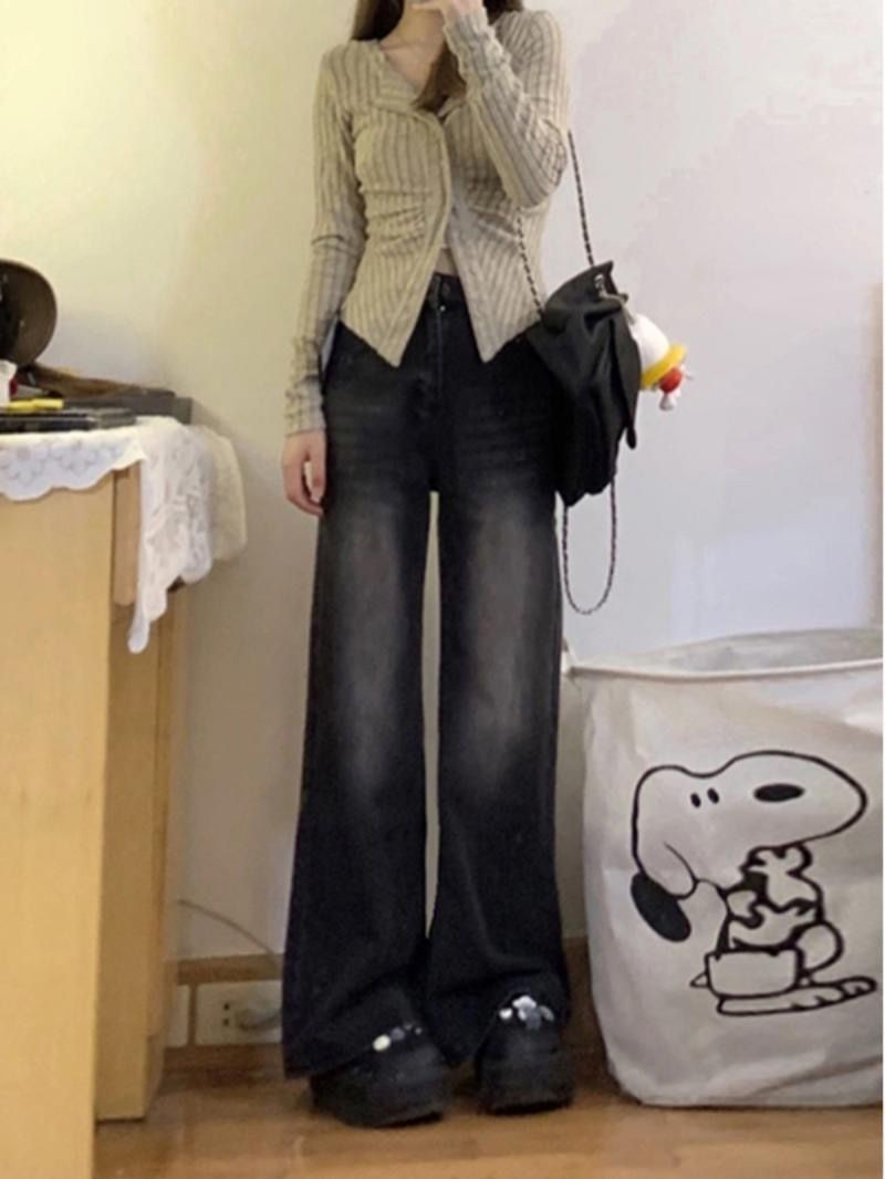 高街ins辣妹高腰直筒牛仔褲女秋季新款復古寬鬆顯瘦拖地闊腿褲潮